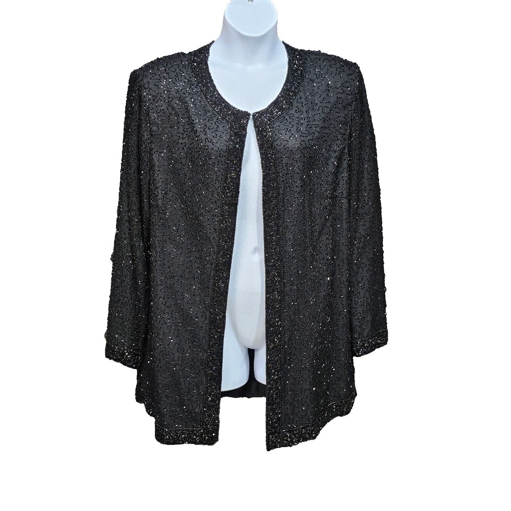 Vtg Stenay Cardigan Womens 2X Black‎ Beaded 100% Silk Formal Evening Whimsigoth